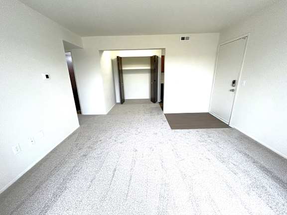 A large living room with white walls and carpet.