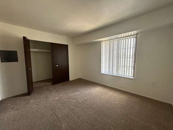 A bedroom with a carpeted floor, a window with blinds, and a wooden door.