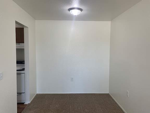A dining room with a carpeted floor and a light on the ceiling.