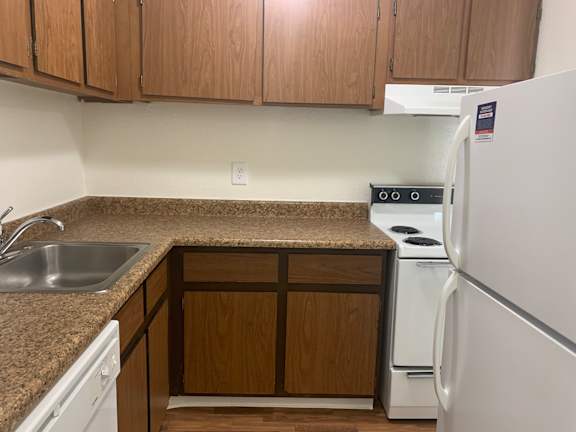 A kitchen with a white fridge and a white dishwasher.