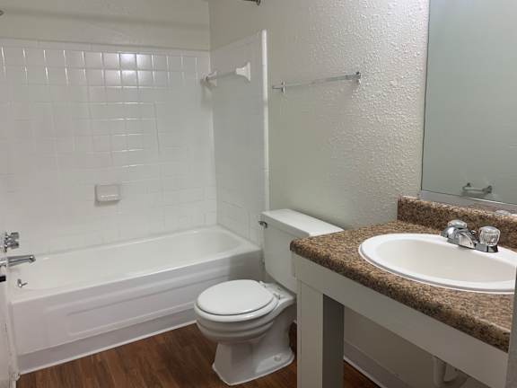 A white toilet sits next to a bathtub in a bathroom.