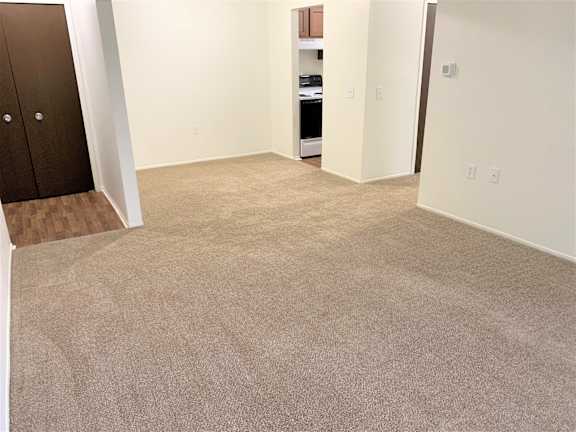 A dining room with a carpeted floor and a brown door.