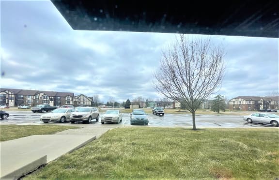 Parking lot view with bare tree and residential buildings at Charter Oaks Apartments, Davison