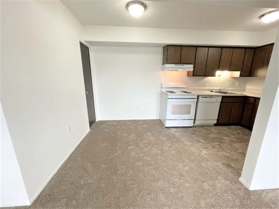 Open kitchen and living room with carpeting at Charter Oaks Apartments, Michigan