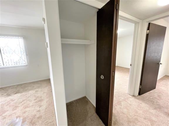 Walk-in closet with carpeted floor and hallway access at Charter Oaks Apartments, Davison