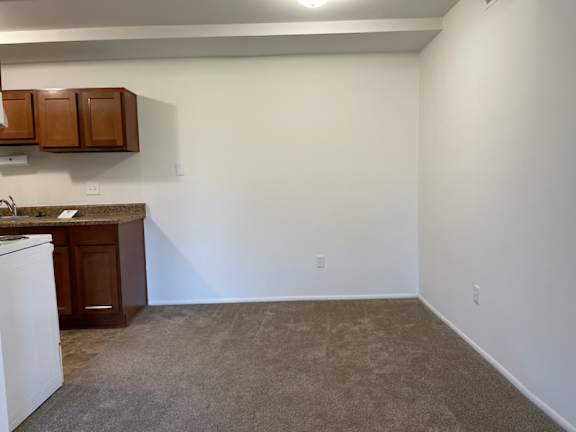 Carpeted studio with kitchen nook and brown cabinets at Charter Oaks Apartments, Davison