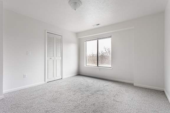 A white room with a carpeted floor, a door, and a window
