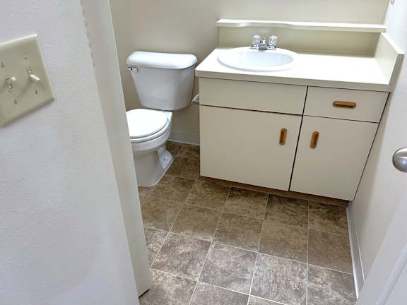 A white toilet and sink in a small bathroom.