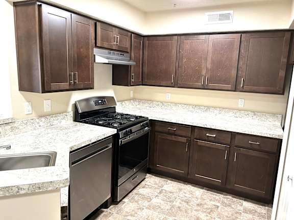 Modern kitchen with dark wood cabinets and granite countertops at Heatherwood Apartments, Michigan