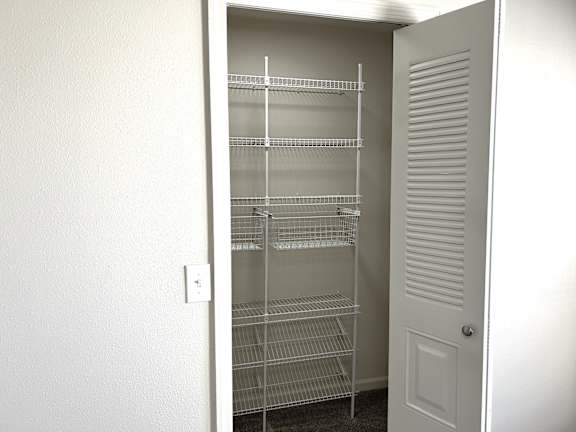 Walk-in closet with baskets at Heatherwood Apartments, Michigan, 48439