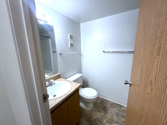 Bathroom with shower stall and grab bar safety rail at Charter Oaks Apartments, Davison