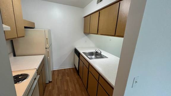 Compact galley kitchen with stainless steel sink at Charter Oaks Apartments, Michigan