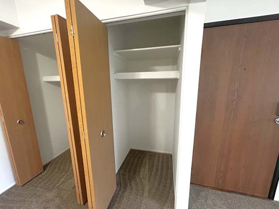 Walkin closet with shelving and carpeted floor at Charter Oaks Apartments, Davison, MI, 48423