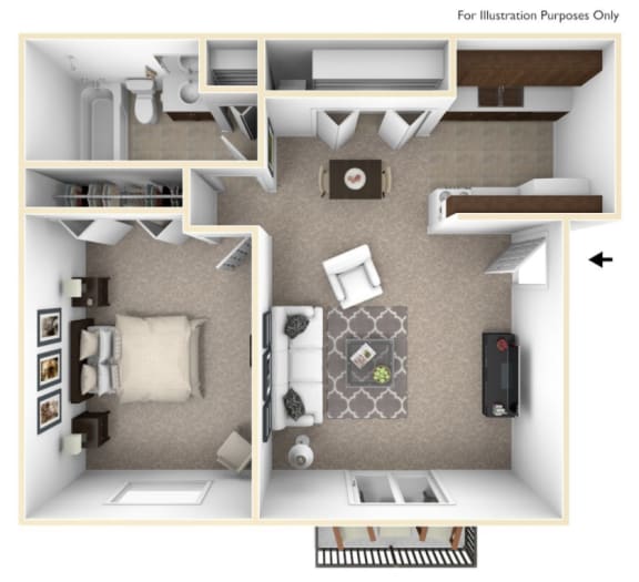 1 Bedroom 1 Bath Floor Plan at Rivers Edge Apartments, Michigan, 48327