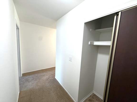 A bedroom with a brown carpet and a white wall with a door open to a closet.