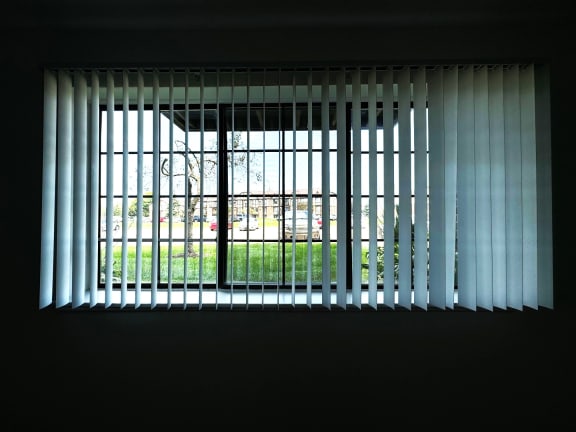 Interior window view through vertical blinds to courtyard at Charter Oaks Apartments, Davison, Michigan