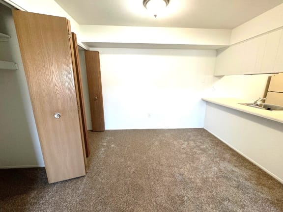 Basement kitchenette with open floor space and tan carpet at Charter Oaks Apartments, Michigan