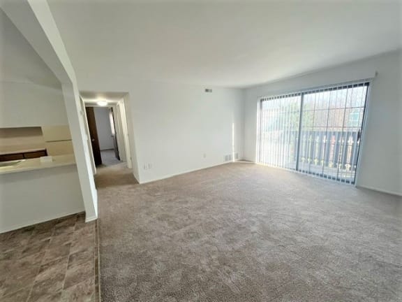 Spacious carpeted living room with vertical blinds 4 at Charter Oaks Apartments, Davison