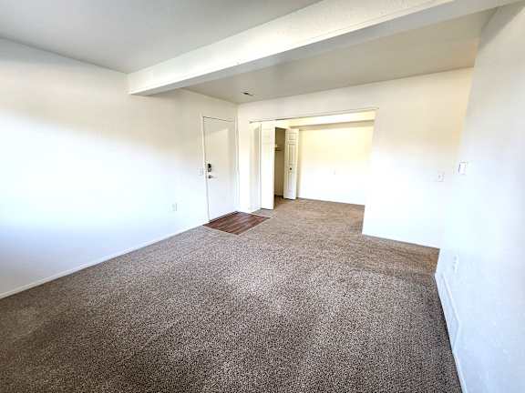 A living room with a carpeted floor and white walls.
