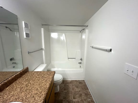Modern bathroom with granite vanity and tub shower combo at Charter Oaks Apartments, Michigan, 48423