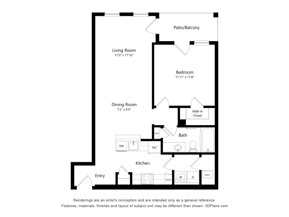 Elm Front Floor Plan at Village Place Apartments, Romeoville, 60446