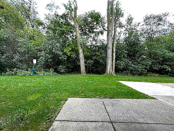 A concrete pathway leads through a grassy area with trees in the background.