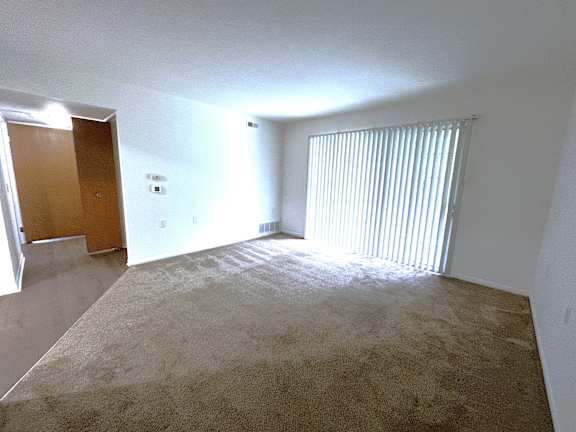 A living room with a carpeted floor and a window with blinds.