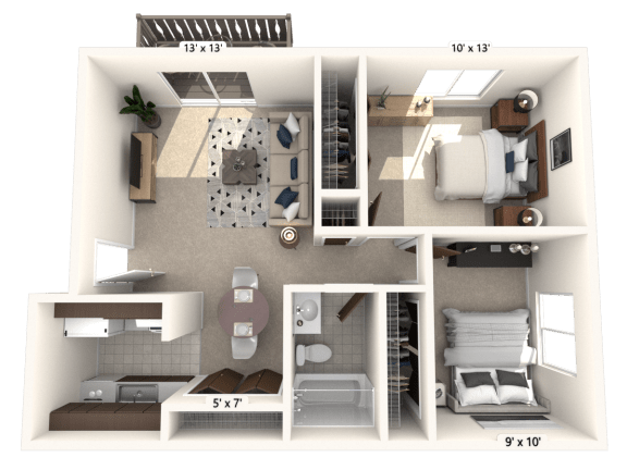 The Pinto Floor Plan with 2 Bedrooms and 2 Bathrooms at Polo Run Apartments. This Floor Plan Features a Galley Style Kitchen and Dark Interior Doors.