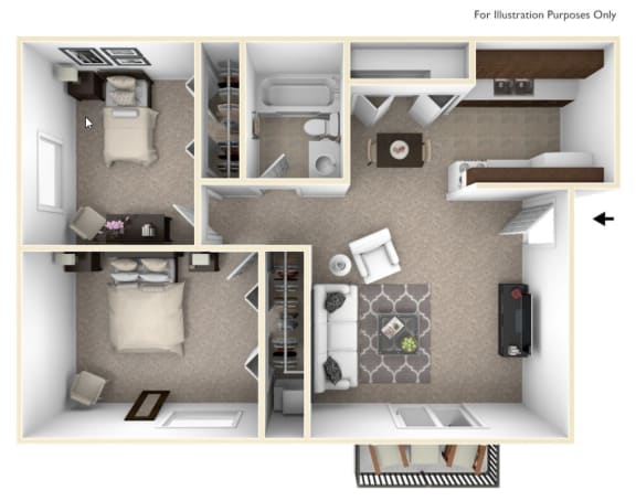 2 Bedroom 2 Bath Floor Plan at Rivers Edge Apartments, Waterford Twp, MI, 48327