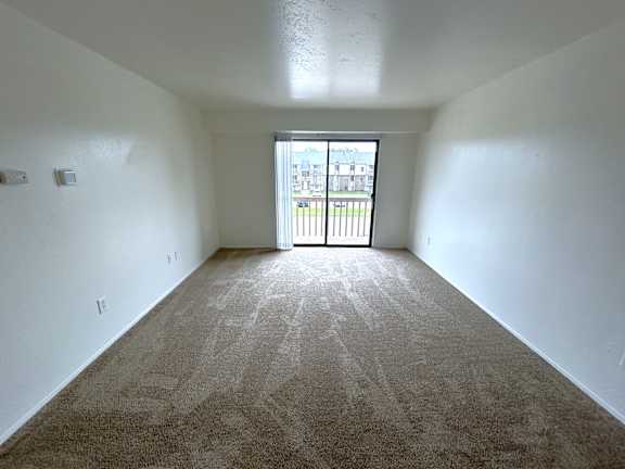 A spacious living room with carpeted floor and a window overlooking a balcony.