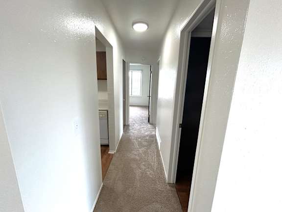 A long hallway with a carpeted floor and white walls.