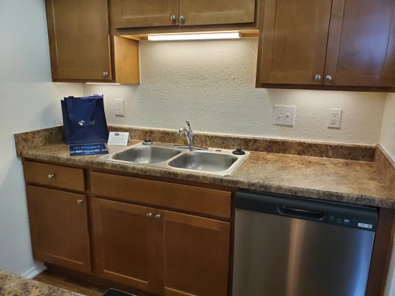 a kitchen with a sink and a dishwasher and wooden cabinets at Huntington Place Apartments, Michigan, 48732