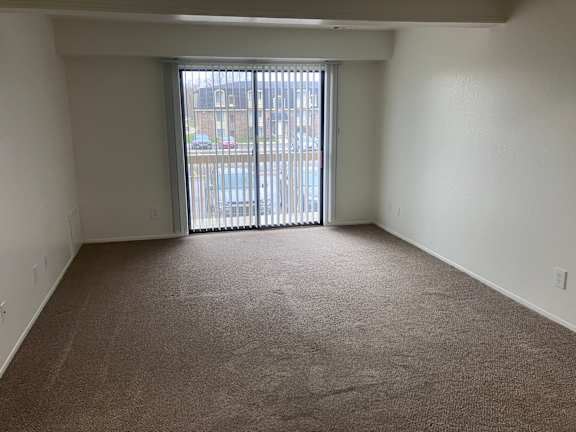 A living room with a carpeted floor and a sliding glass door.
