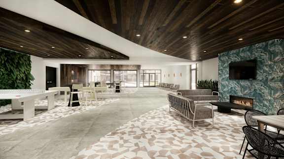 A modern living room with a wooden ceiling and a stone fireplace.