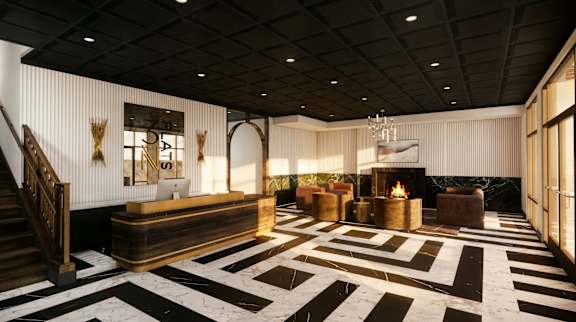 A black and white checkered floor with a fireplace and a staircase.