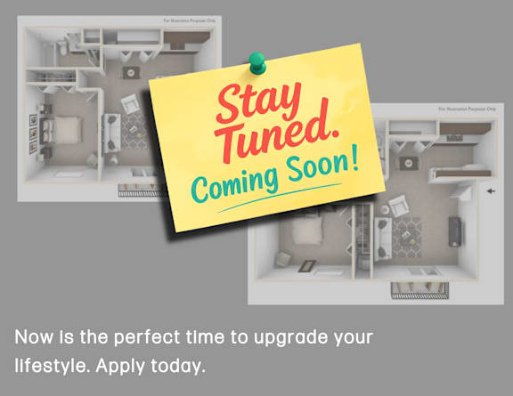 A note that says "Stay Tuned. Coming Soon!" is pinned to a wall with a model of a house.