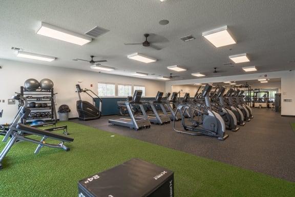 a large fitness room with cardio equipment and artificial grassat The Harbours Apartments, Clinton Twp, MI, 48038