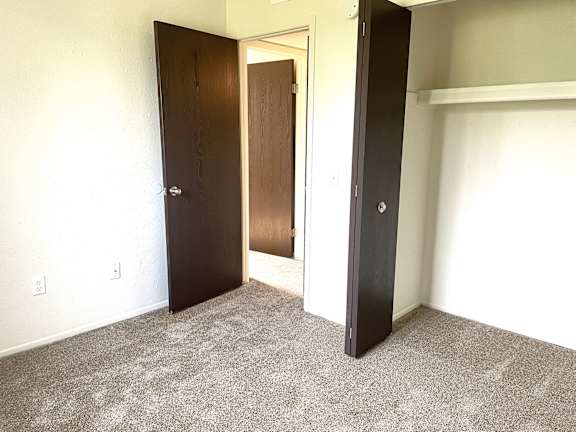 A bedroom with a carpeted floor and closet.