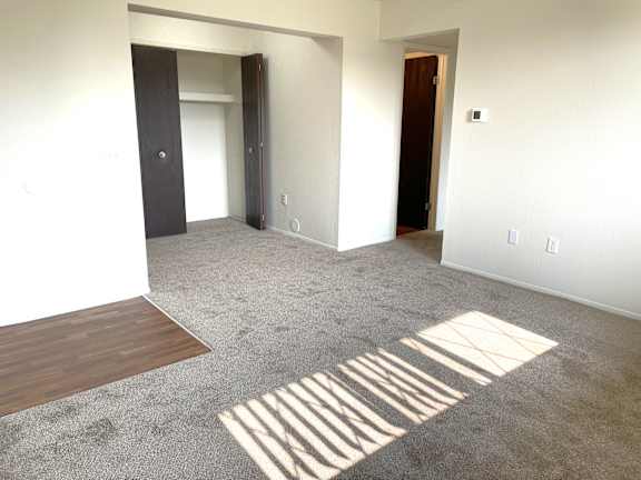 The living room and dining room with carpet.