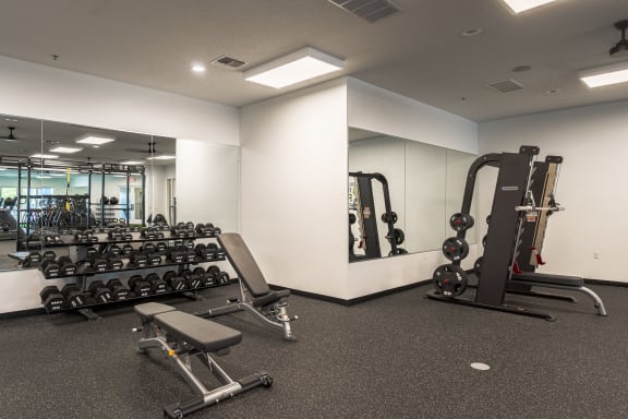 a spacious fitness room with free weights and mirrorsat The Harbours Apartments, Clinton Twp, MI, 48038