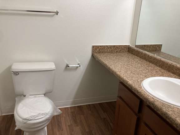 A white toilet is in a bathroom with a counter and a mirror.