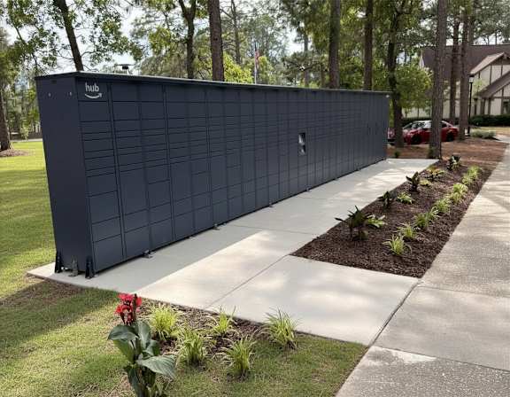 A dark blue structure with the word