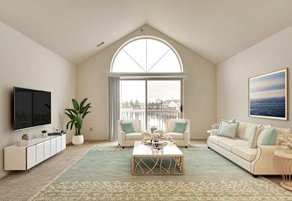 A living room with a large window and a view of the city.