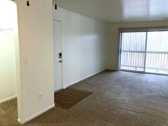 A living room with a carpeted floor and a sliding glass door.