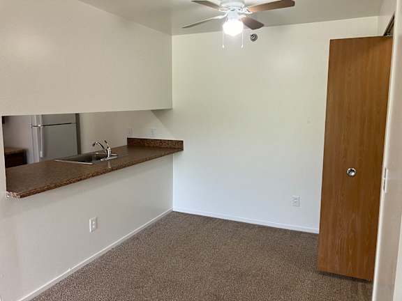 A dining room with a large walk-in closet.