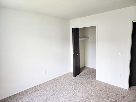 A bedroom with a carpeted floor and a black door.