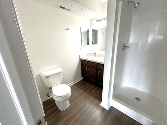 Bathroom with walk-in shower and woodlook flooring at Heatherwood Apartments, Grand Blanc