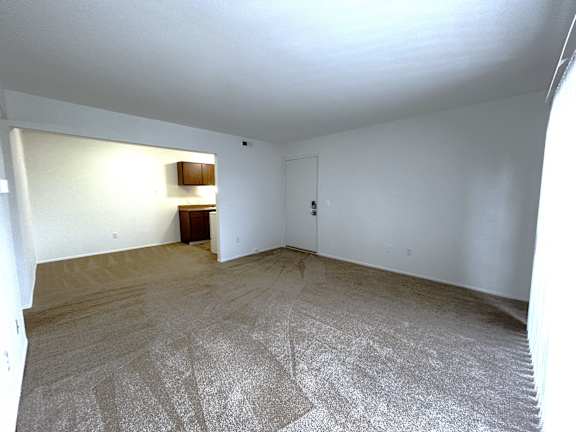 A living room with a carpeted floor and a wooden door.