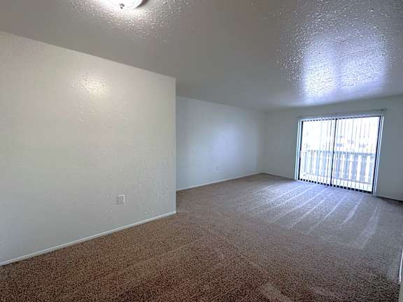 A room with a carpeted floor and a window with blinds.