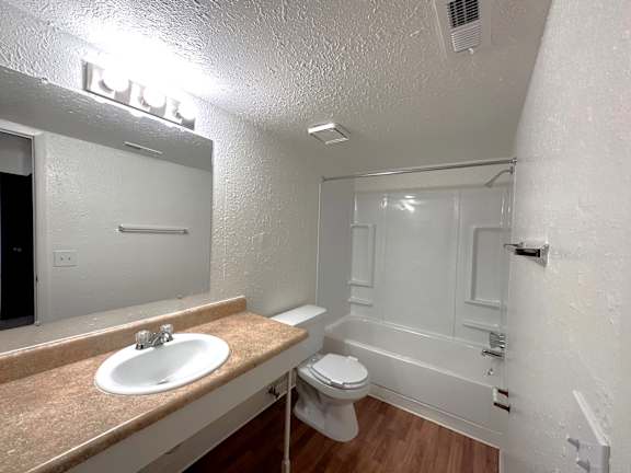 A bathroom with a sink, toilet, and shower.